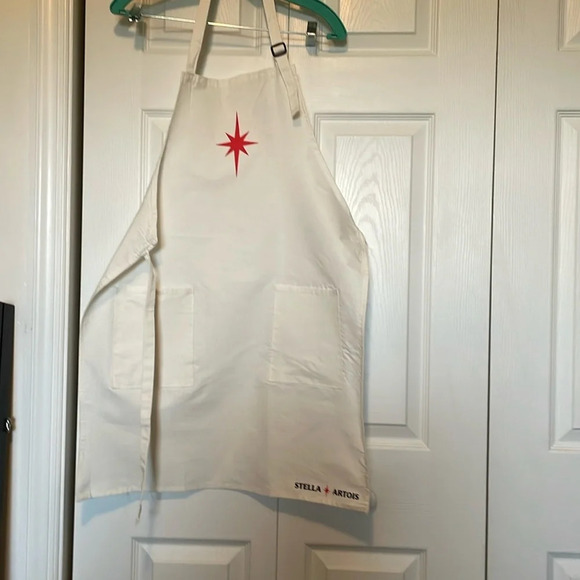 NWOT Stella Artois canvas apron Cream Adjustable neck strap logo 2 Lg pockets - Picture 1 of 8